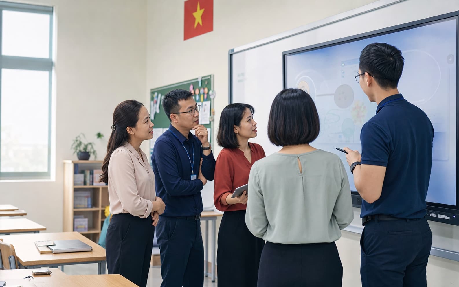 Đội ngũ công nghệ và giáo viên Việt Nam trao đổi bên màn hình tương tác trong lớp học