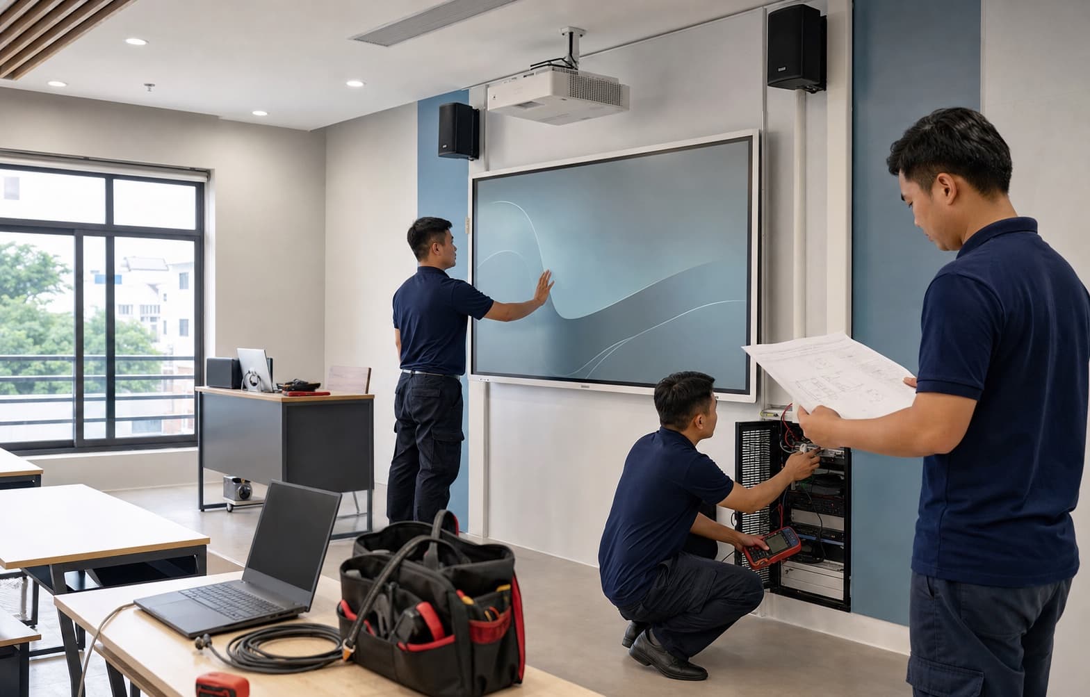 Đội ngũ kỹ thuật Việt Nam kiểm tra hệ thống công nghệ trong phòng học thông minh