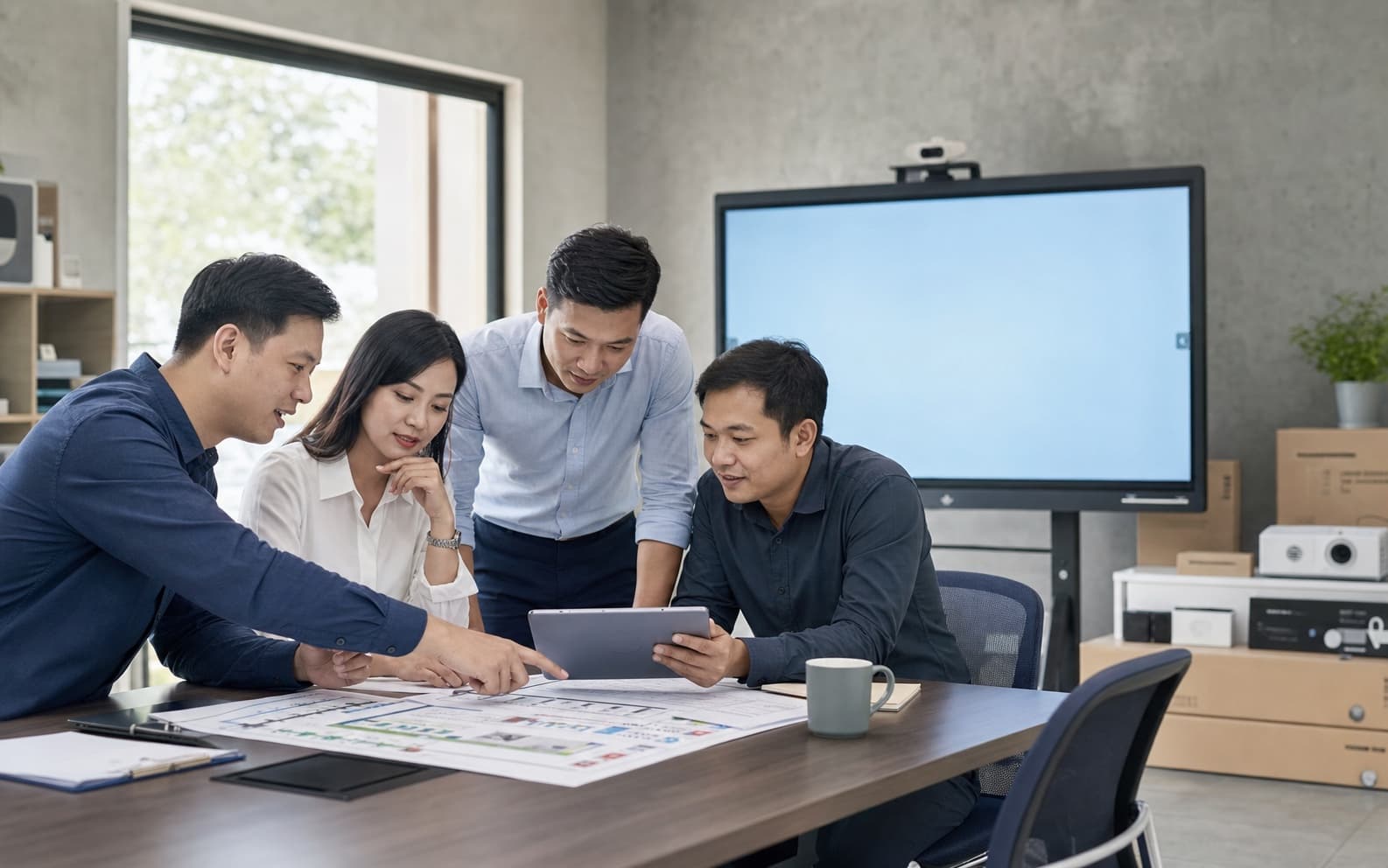 Nhóm đối tác công nghệ Việt Nam cùng xem bản vẽ và kế hoạch dự án giáo dục
